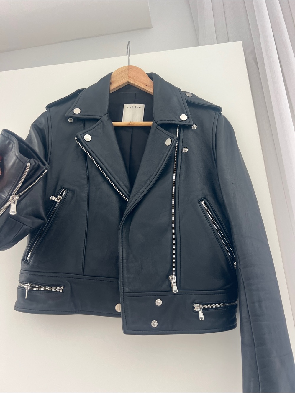 Sandro Black Leather Biker Jacket with Silver Hardware